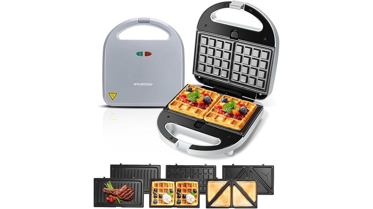 Aigostar 3 in 1 Grill Sandwich Waffle Maker 750W Design Cool Touch Grigio Grace