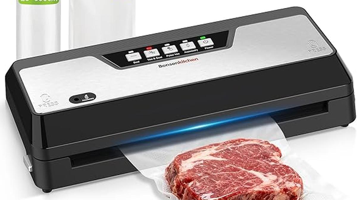 Bonsenkitchen Macchina Sottovuoto con Taglierina Vano Porta Sacchetti e 4 Modalità per Sous Vide e Preparazione Pasti Nero