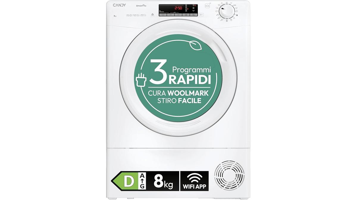Candy Smart Pro Asciugatrice Pompa di Calore 8 kg Wi-Fi BLE Stiro Facile Libera Installazione Classe D Bianco