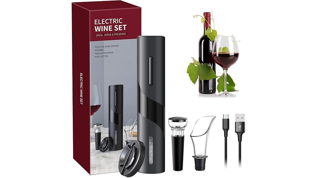 Cavatappi Elettrico 4 In 1 Set Vino Usb Versatore Tappo Vuoto Nero