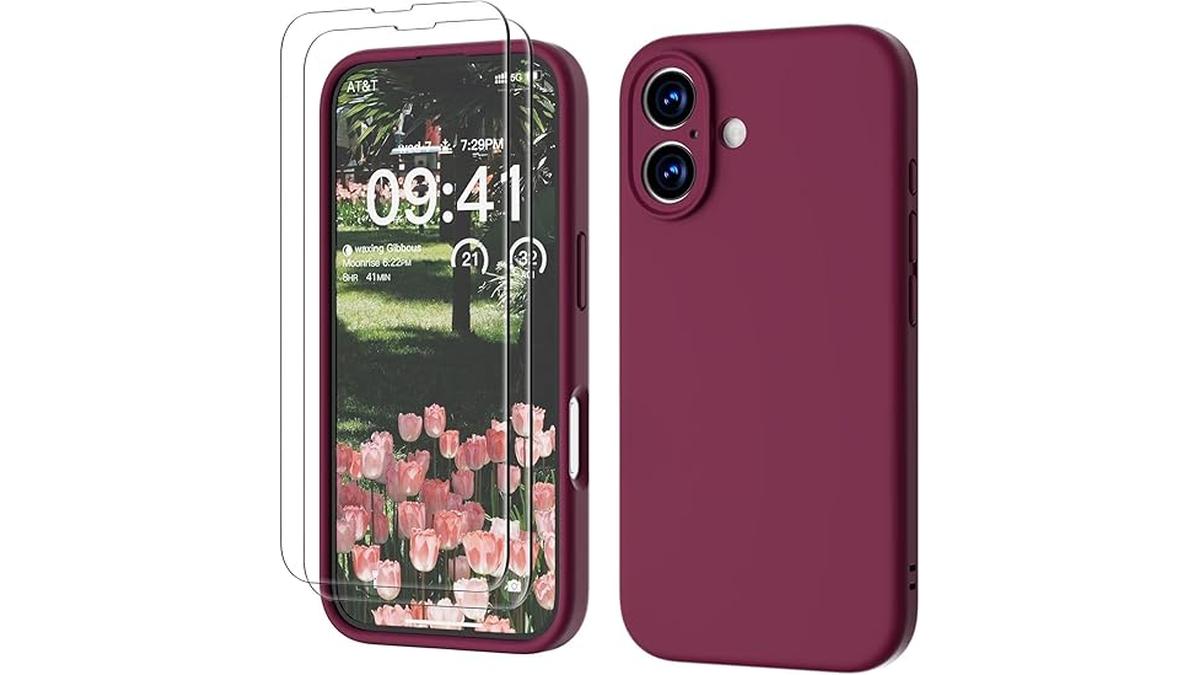 Copriscocca Silicone 3 in 1 per iPhone 16 Vino Rosso Antiurto 360° con Pellicole Vetro Temperato e Protezione Fotocamera