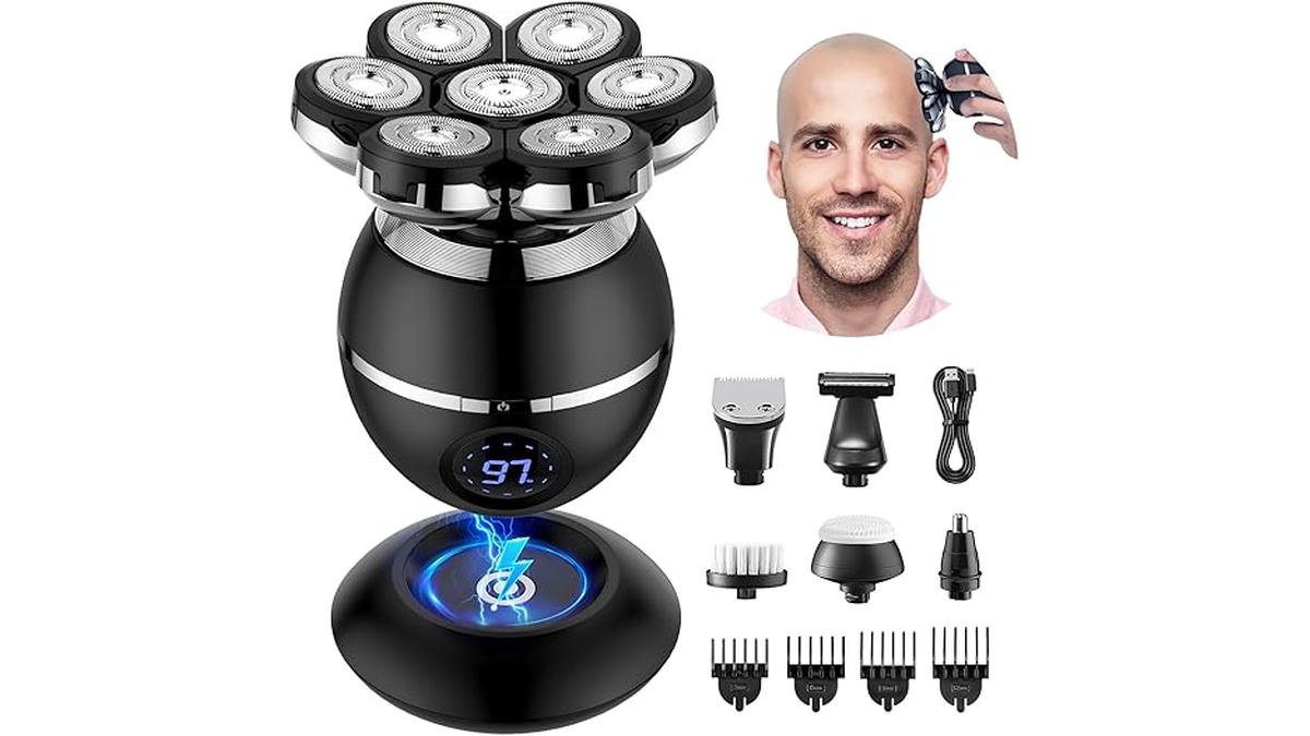 ETENTOUS Rasoio Elettrico Uomo 7D Impermeabile 6 in 1 con Display LED e Kit Bellezza