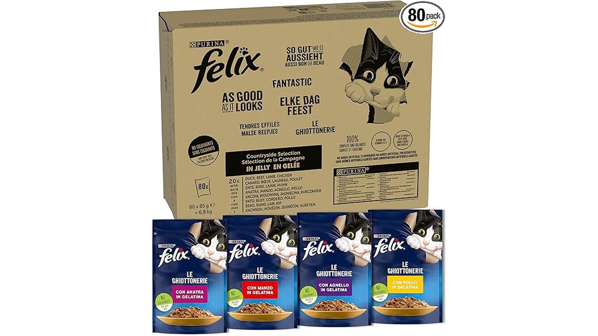 FELIX Ghiottonerie Gatto Adulto Bocconcini Gelatina Manzo Pollo Anatra Agnello 80 Buste 85g