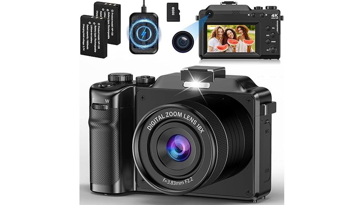 Fotocamera Digitale 4K 64MP Vlogging Compatta 18X con 32GB Scheda Memoria 2 Batterie e Caricabatterie