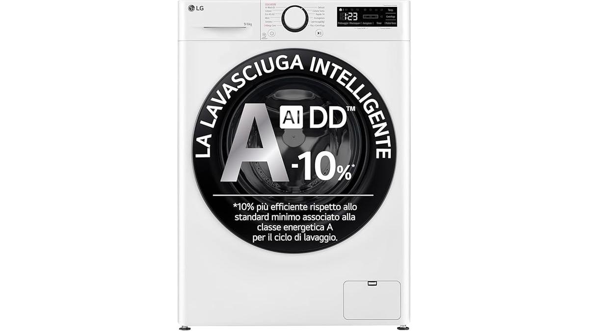 LG AI DD Lavasciuga 9kg 6kg Classe A-10% 1400 giri Vapore Eco Hybrid Bianca