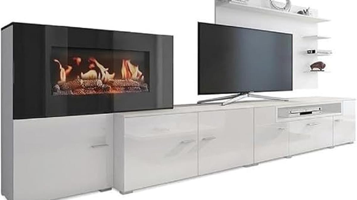 Mobili Soggiorno Olympo con Camino Elettrico LED Stile Moderno Finitura Bianca 170x290x45 cm