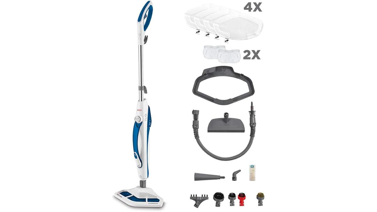 Polti Vaporetto SV460 Scopa e Pulitore a Vapore 2 in 1 1500W 17 Accessori Riscaldamento 15 Sec Serbatoio Estraibile Bianco Blu