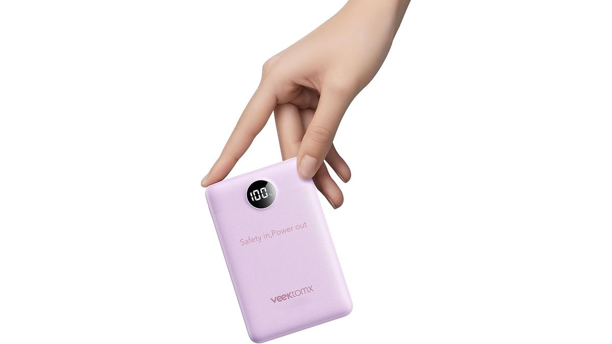 Power Bank VEEKTOMX 10000mAh 22.5W PD3.0 QC3.0 Mini USB-C Ricarica Rapida LED Viola