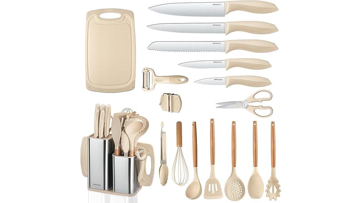 RAXCO Set Coltelli Cucina 18 Pezzi 5 Coltelli 7 Utensili Silicone Cachi