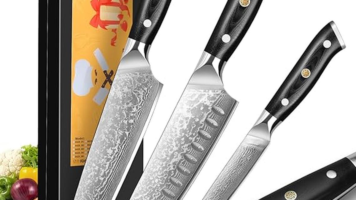 Set 3 Coltelli da Cucina Damasco 67 Strati Acciaio Manico G10 Affilati e Bilanciati