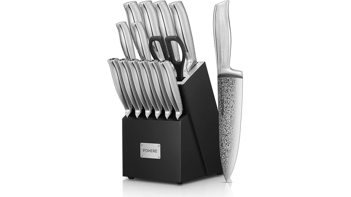 Set Coltelli Professionali FOHERE 14 Pezzi in Acciaio Inossidabile con Affilacoltelli e Ceppo in Legno