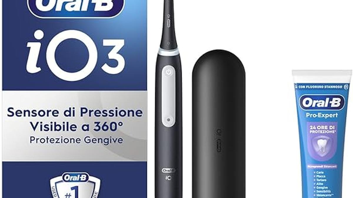 Spazzolino Elettrico Ricaricabile Oral-B iO 3 Nero con Testina Di Ricambio Custodia Viaggio e Dentifricio Sbiancante Pro-Expert