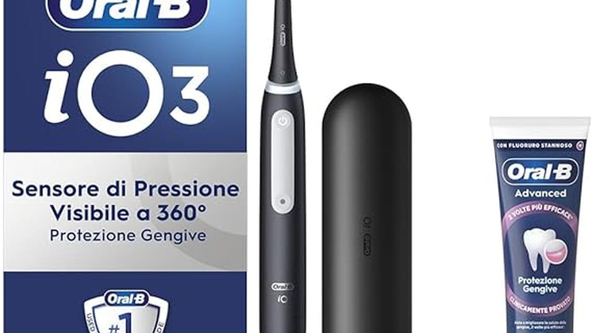 Spazzolino Elettrico Ricaricabile Oral-B iO 3 Nero con Testina di Ricambio Dentifricio e Custodia Viaggio