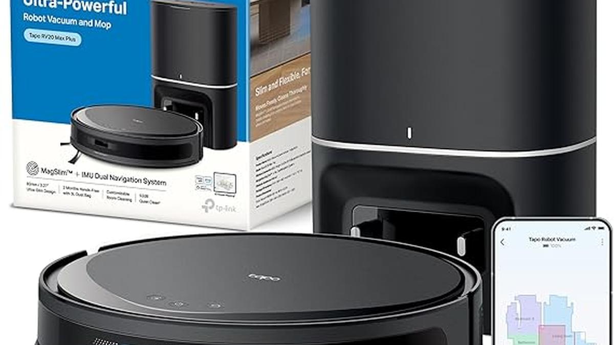 Tapo RV20 Max Plus Robot Aspirapolvere Lavapavimenti Mappatura 5300Pa Svuotamento Automatico 3L Navigazione LiDAR Ultra Compatto 83mm Controllo APP Alexa Google