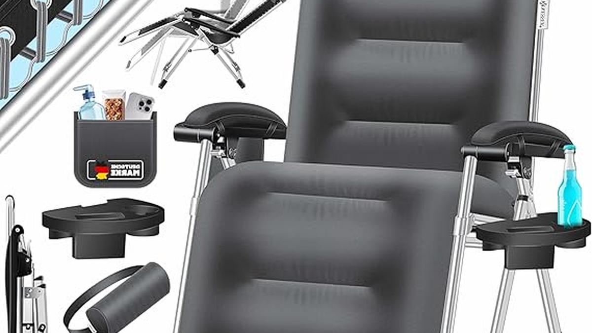 Lettino XXL Pieghevole Resistente Antracite Ergonomico 200kg Con Schienale Regolabile e Portabicchieri