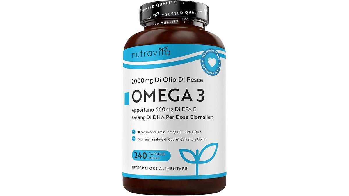 NutraOmega 3 2000mg Capsule 240 Pezzi EPA DHA Olio di Pesce 4 Mesi Fornitura