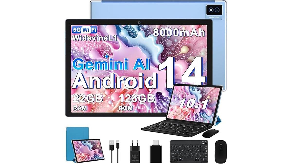 Tablet 10 Pollici Android Octa-Core 22GB RAM 128GB ROM 5G WiFi 6 Tastiera Mouse Blu