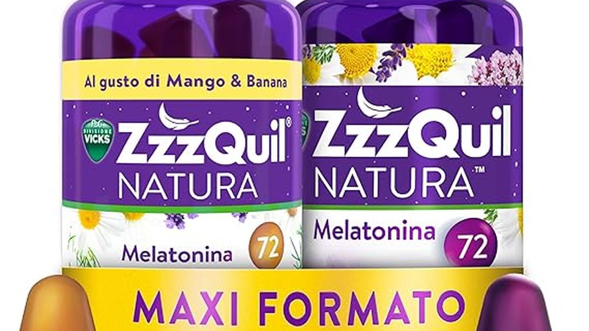 ZzzQuil Natura Melatonina Gommose Integratore Valeriana Camomilla Lavanda Frutti di Bosco Mango Banana 2×72 Pastiglie