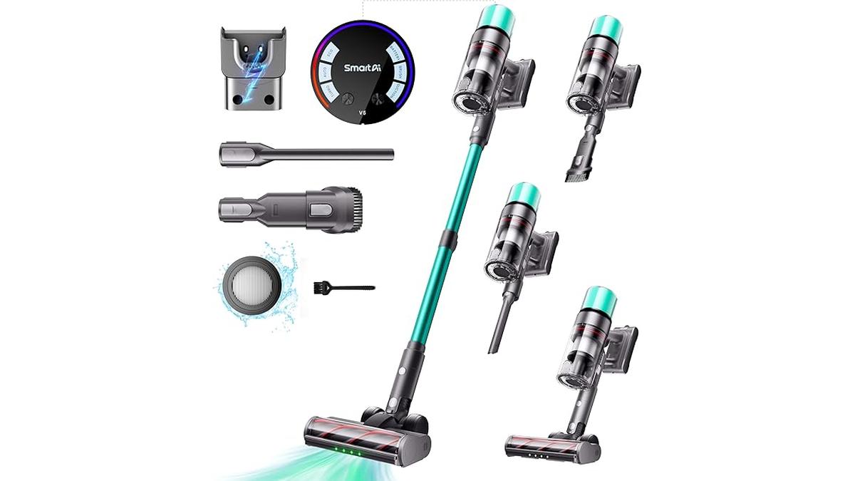 Aspirapolvere Senza Fili V5 55Kpa 600W 80Min Autoportante Scopa Elettrica Anti-Avvolgimento per Pavimenti Tappeti Peli Animali