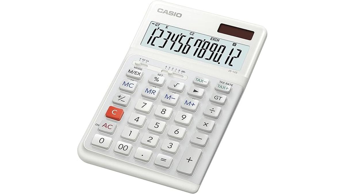 Calcolatrice da Tavolo Ergonomica Casio JE-12E-WE 12 Cifre Solare Batteria Funzioni Avanzate