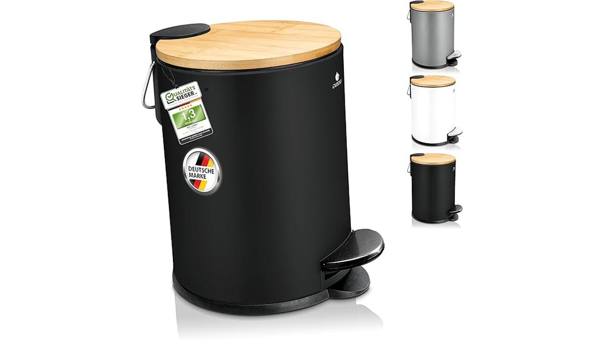 Cestino Bagno Nero da 3 litri con Coperchio e Pedale in Metallo e Bambu