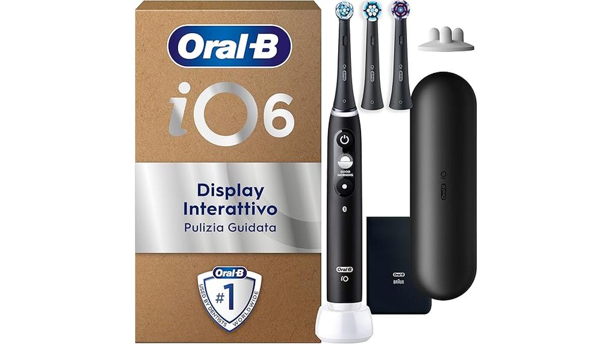Oral-B iO6 Spazzolino Elettrico Nero con 3 Testine di Ricambio e Custodia Viaggio