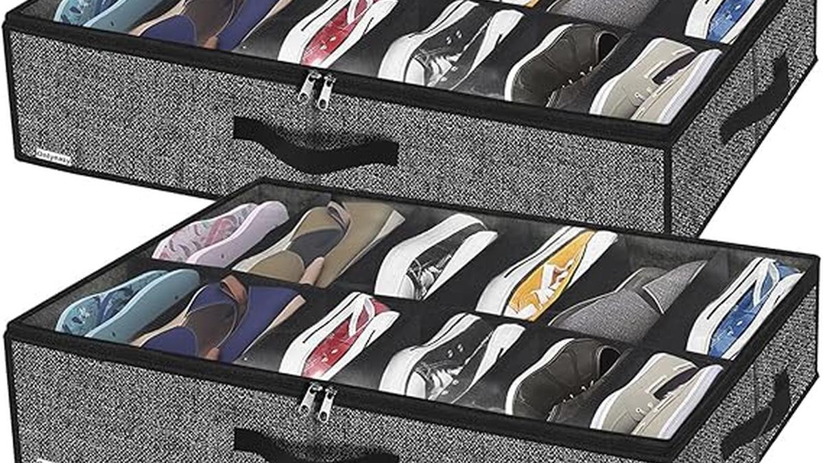 Organizzatore Scarpe Sottoletto Trasparente Set di 2 12 Scomparti Pieghevole Nero Lino