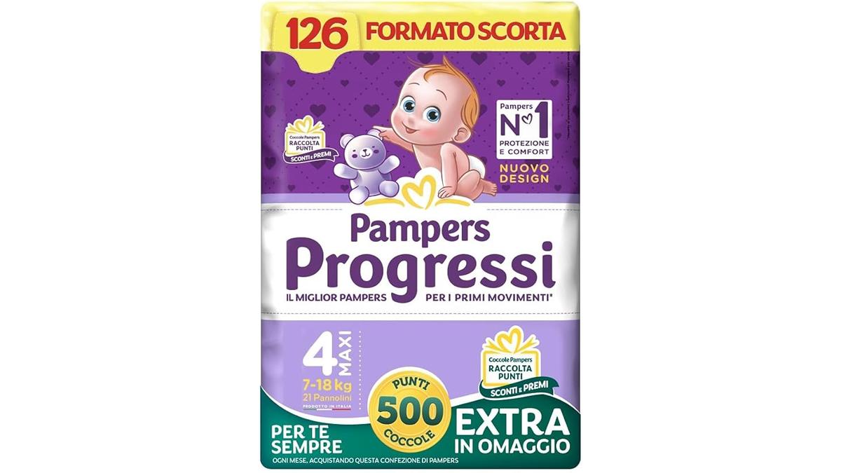 Pampers Progressi Maxi 4 (7-18kg) 126 Pannolini Indicatore Bagnato Pelli Delicate Punti Omaggio