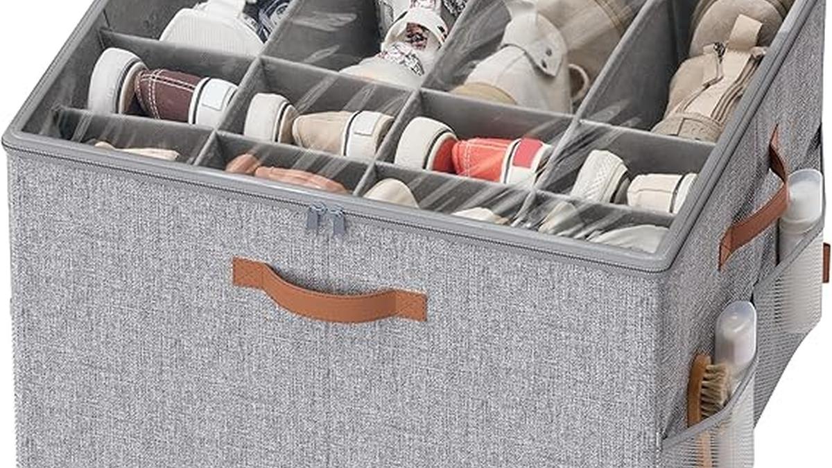 Scatola Organizer Scarpe 16 Paia Coperchio Trasparente Regolabile Grigio Tortora