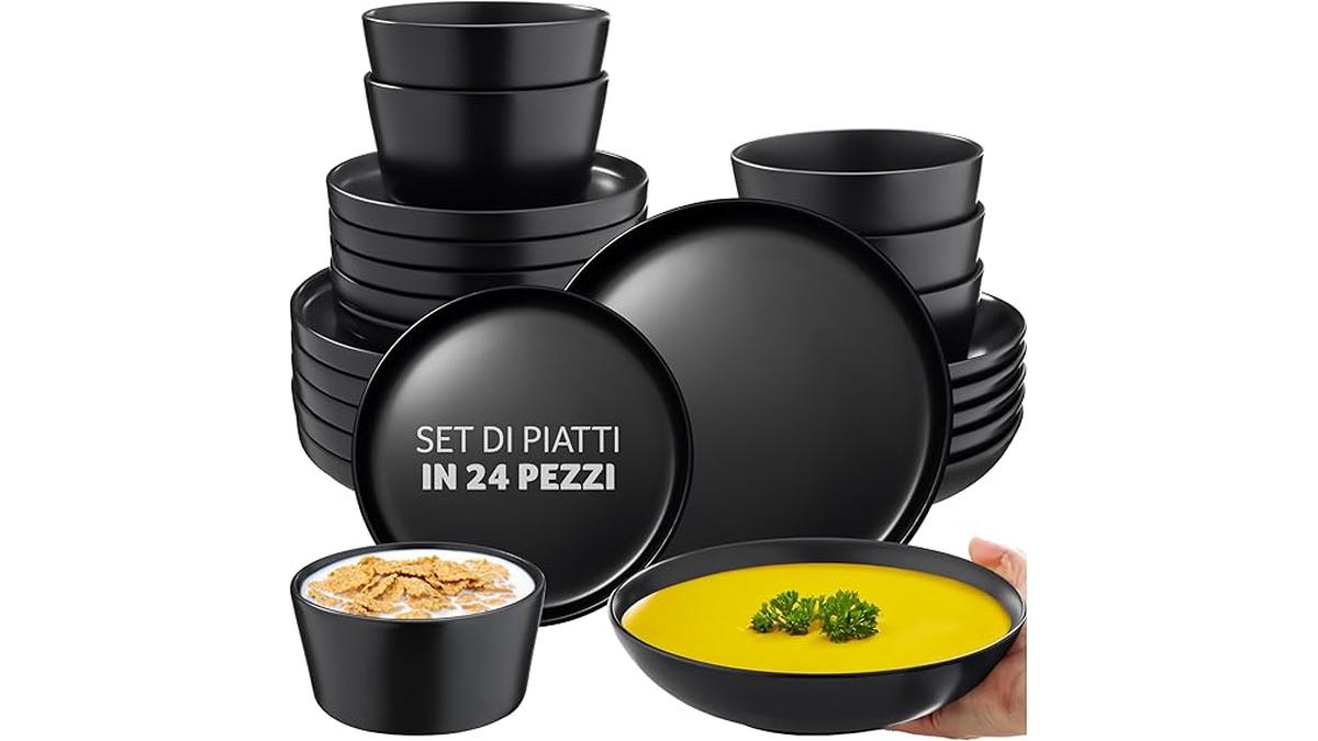 Set Stoviglie 24 Pezzi Terracotta Nero per 6 Persone Moderno Gres Smaltato Lavastoviglie Microonde