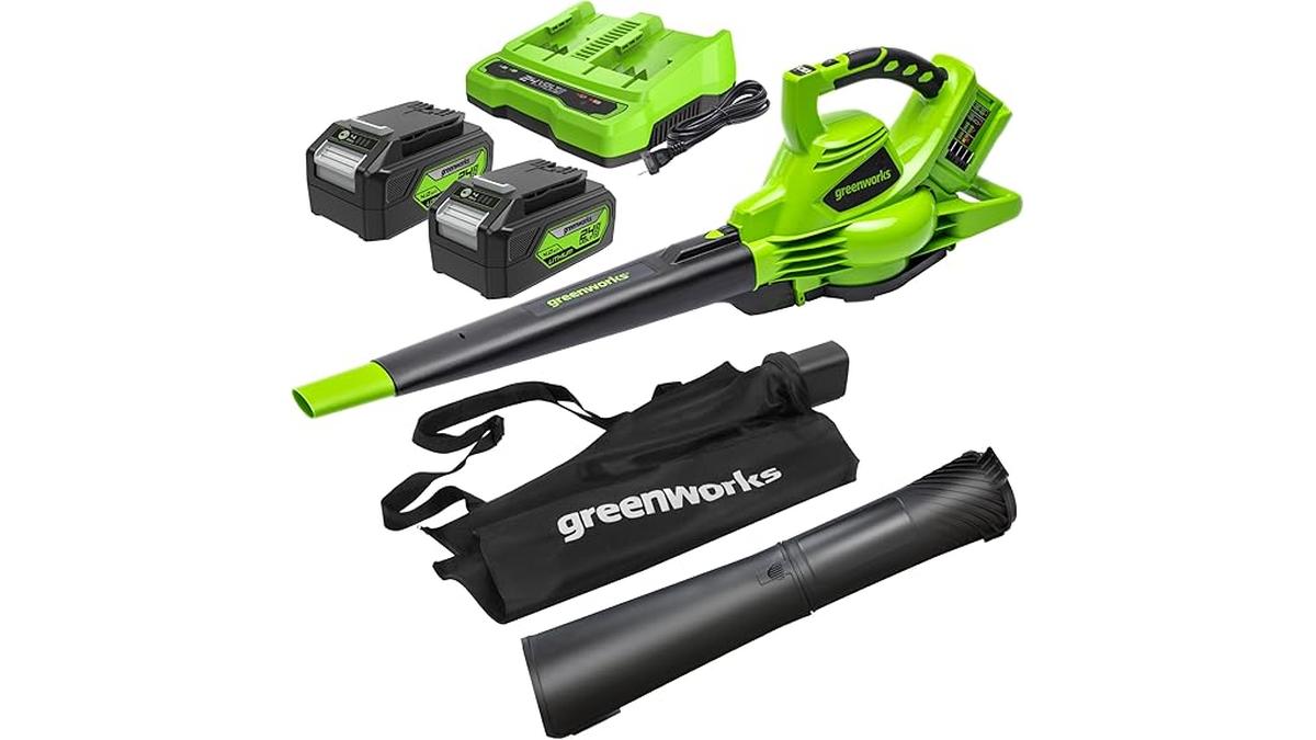Aspirafoglie Greenworks 48V Soffiatore Batteria Brushless 322km/h 45L 2 Batterie 4Ah