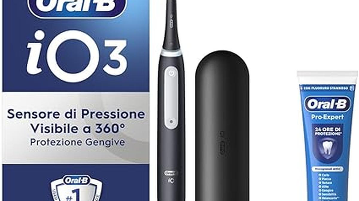 Spazzolino Elettrico Ricaricabile Oral-B iO 3 Nero con Testina Ricambio Custodia Viaggio e Dentifricio Pro Expert
