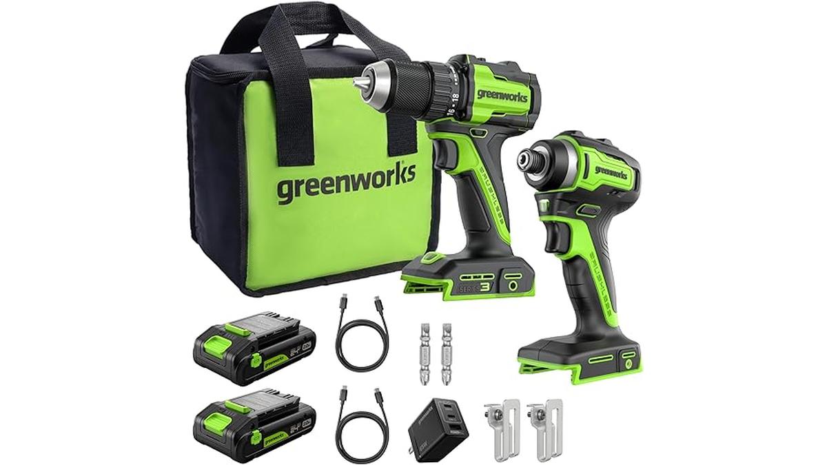 Trapano Avvitatore Batteria Greenworks 24V 45Nm Avvitatore Impulsi Brushless 220Nm 2 Batterie USB-C 2.0Ah Caricatore Veloce 65W