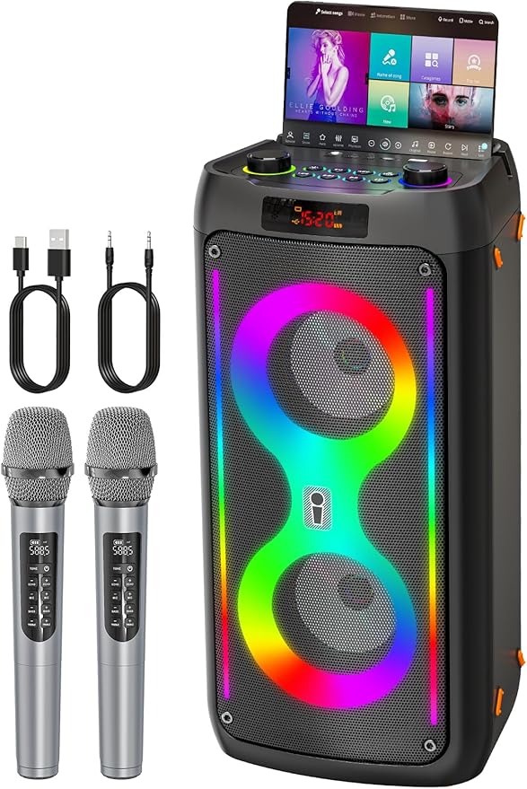 Macchina karaoke JAPOUCA 60W con 2 microfoni wireless e luci