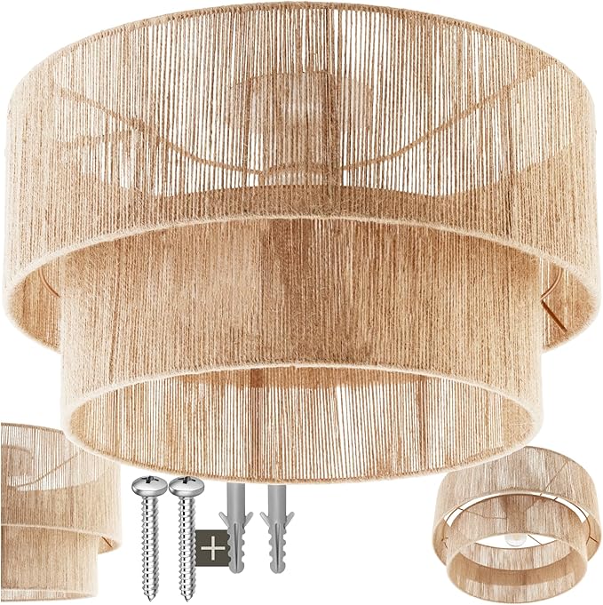 Plafoniera boho tectake LED 40W in fibra di juta a 2 livelli