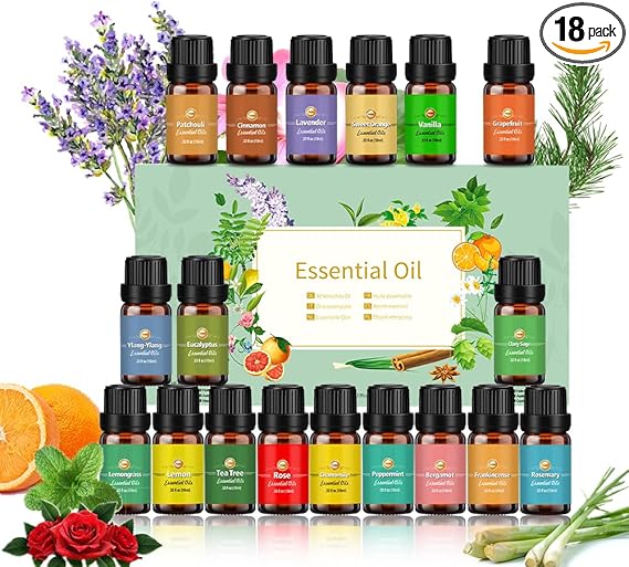 Set 18 oli essenziali HappyGoo 10 ml per diffusori e aromaterapia